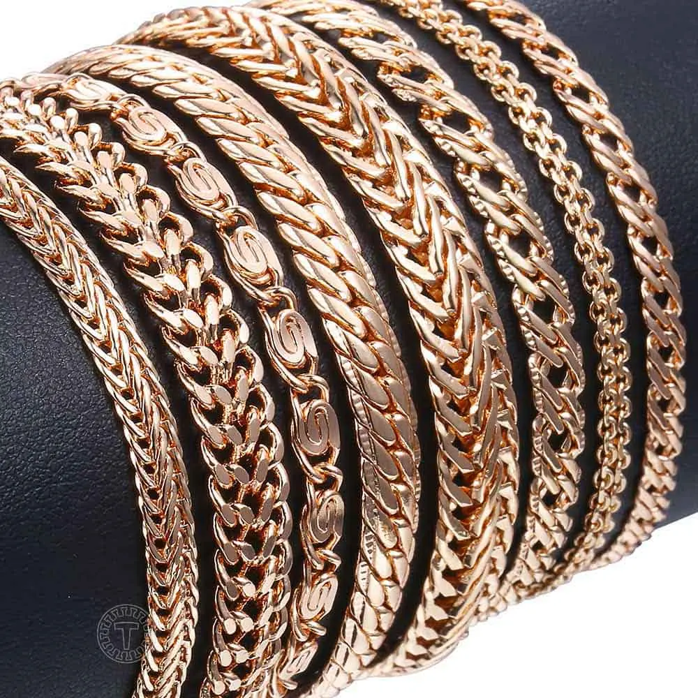 8Pcs/Lot Womens Mens Bracelets 585 Rose Gold Color Braided Foxtail Bismark Cuban Snake Link Chain Bracelets Wholesale LCBB1A