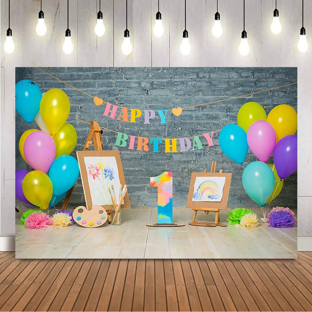 Let's painting 1st Birthday Backdrop for Photography Art Paint Happy Birthday Decoration Props Newborn Children Photo Background