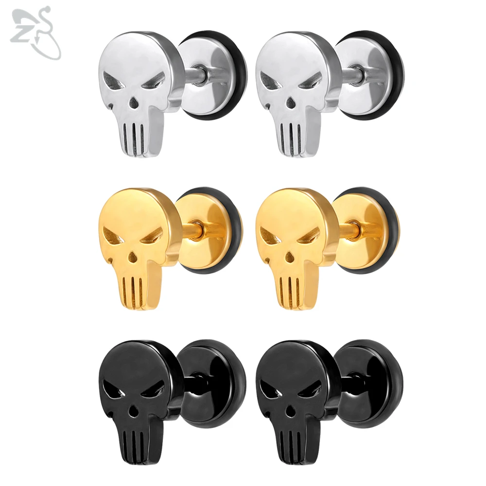 ZS 3 Pairs/lot Skull Stainless Steel Stud Earrings Set For Women Men Round Cubic Zirconia Ear Stud Ear Helix Piercing Earrings