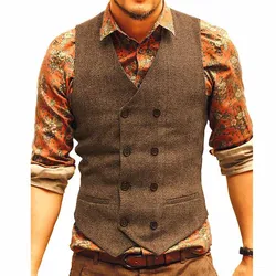 Men Vests Suit Vest Tweed Man Waistcoat Brown Black Groomman Wedding Clothing Jacket Victorian Style Steampunk Business 2021