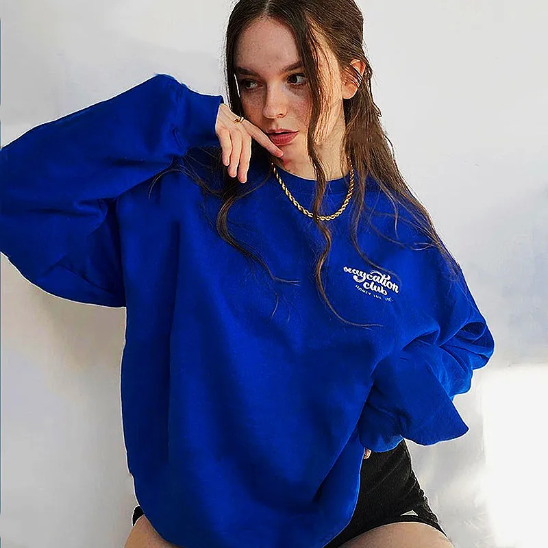 Staycation Club Pocket Letters Embroidery Print Vintage Blue Sweatshirts For Women Street Fashoin Thick Fleece Crewneck Pullover