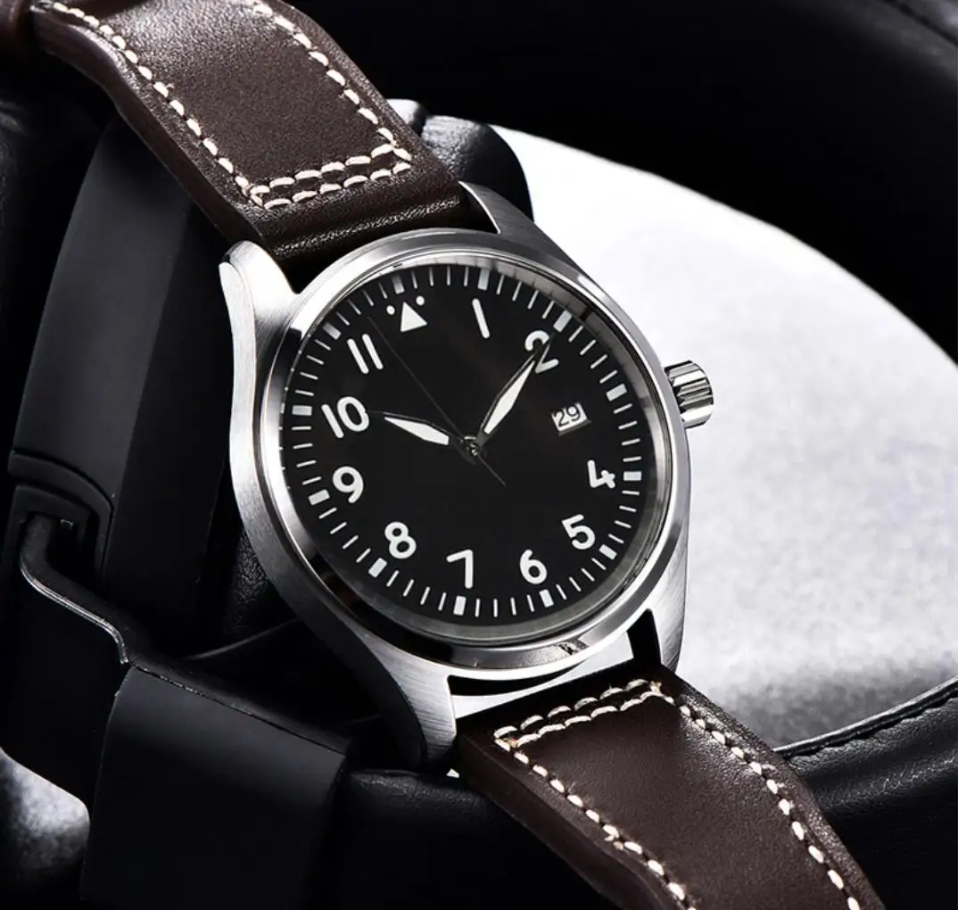 CORGEUT 40mm Pilot Military Men\'s Watches Simple Style Mechanical Vintage Leather Strap Seagull Waterproof Luminous Wristwatch