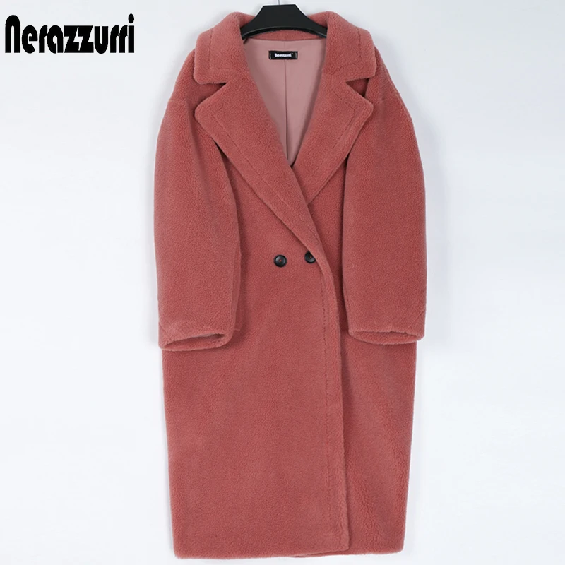 Nerazzurri Winter Long Oversized Teddy Coat Women Lapel Brown Thick Warm Sheep Wool Teddy Bear Jacket Women Plus Size Fashion