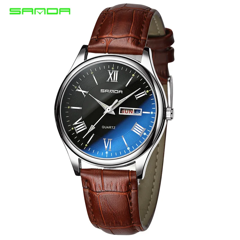 SANDA nuovo stile maturo stile classico vetro blu doppio calendario orologio in pelle luminosa con orologio al quarzo da uomo puntatore