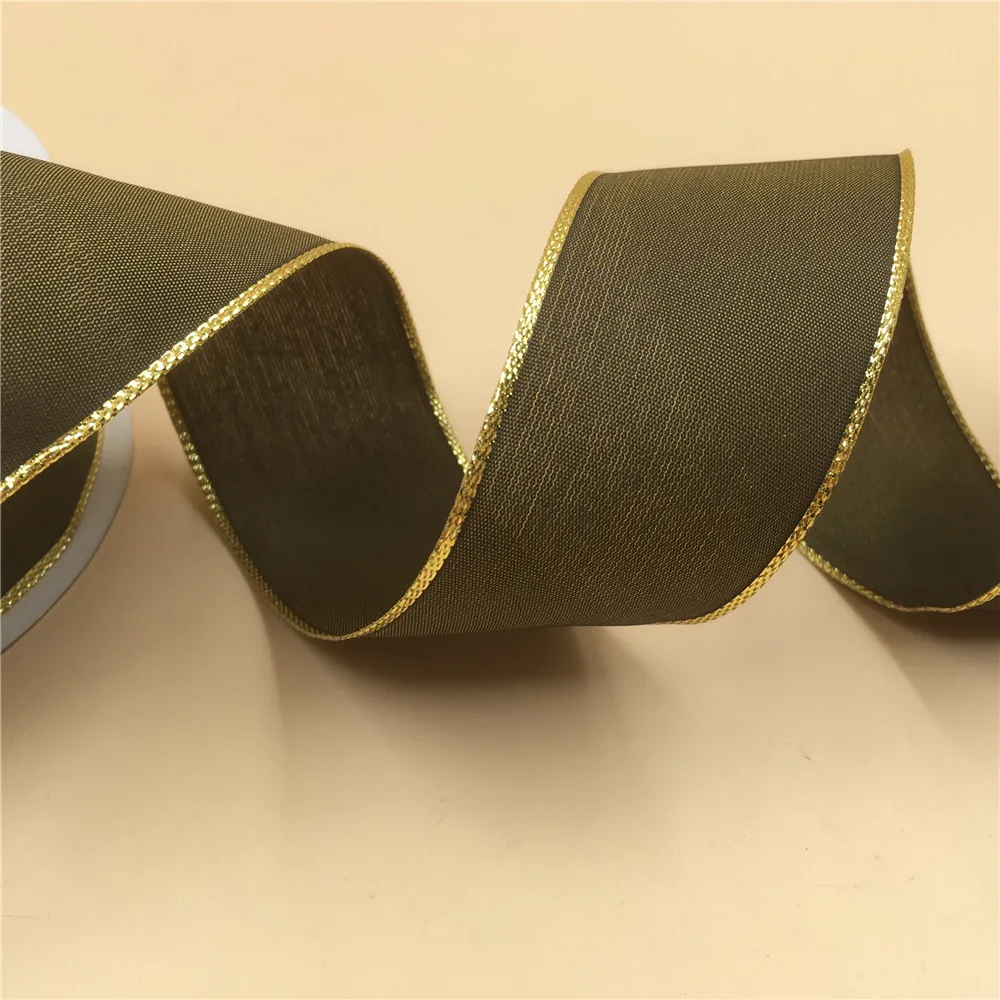 38mm 25Yards Christmas Ribbon Festival Wired Coffee Webbing With Gold Thread For Decoration New Year Gift Wrapping  1-1/2