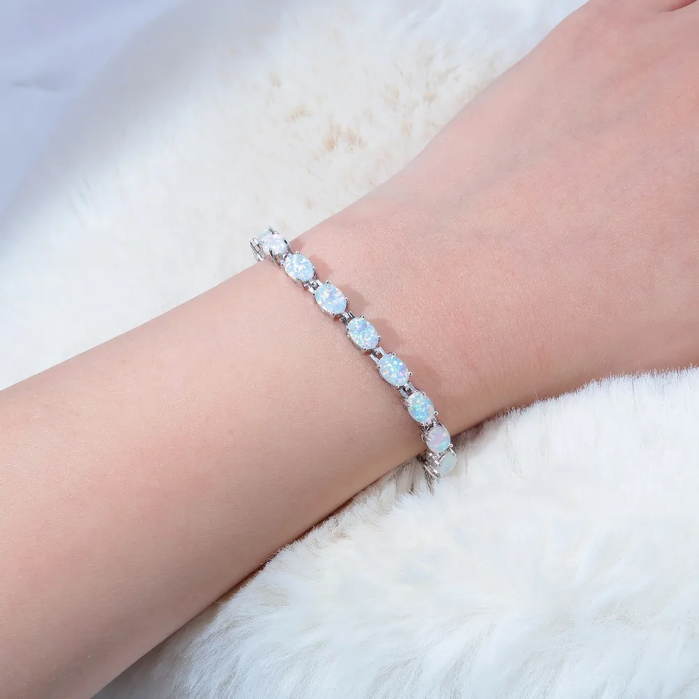 CiNily Blue & White Fire Opal Stone Chain Bracelets Silver Plated Oval Fine Link Bracelet Bohemia BOHO Summer Jewelry Woman Girl