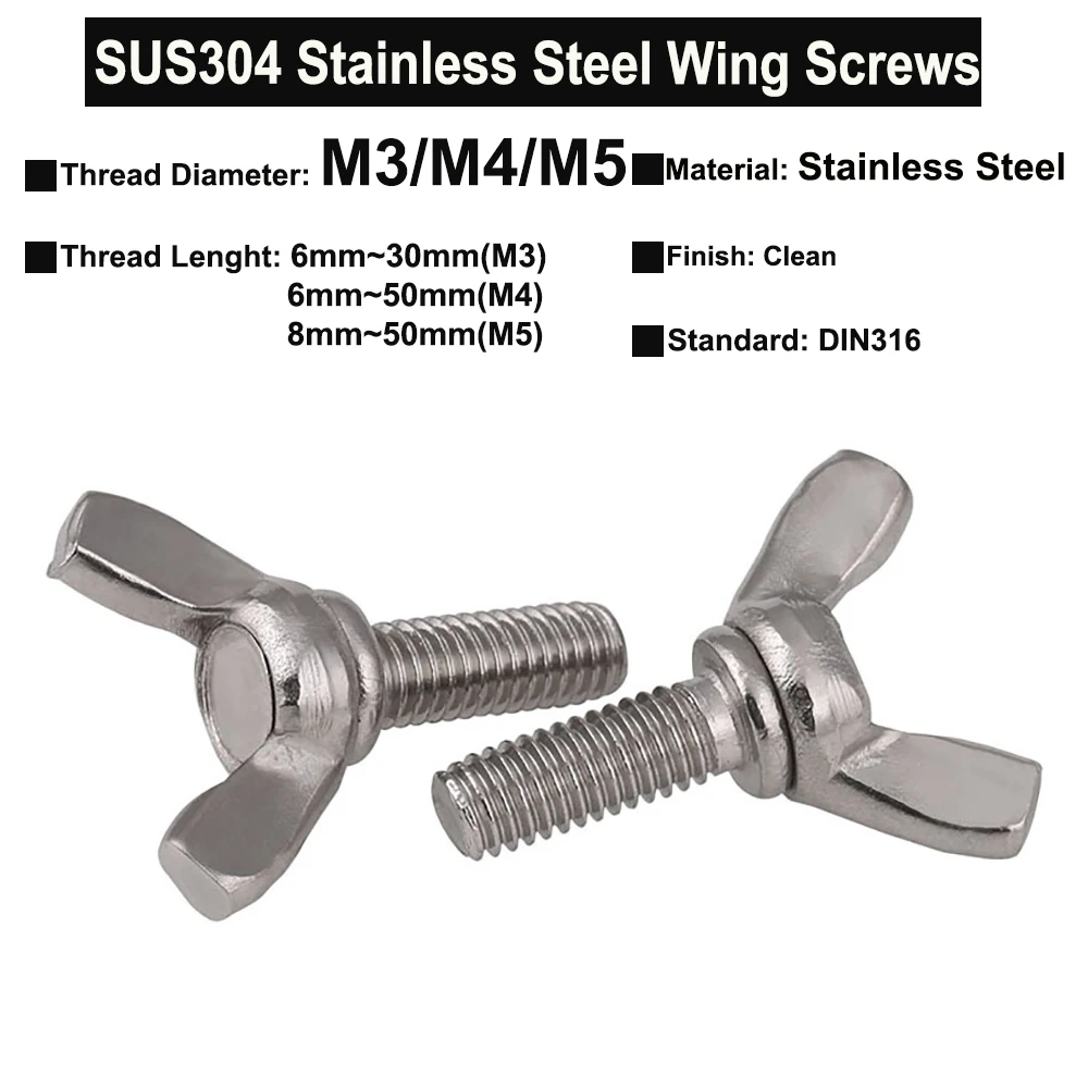 

3Pcs~5Pcs M3 M4 M5 SUS304 Stainless Steel Wing Screws Wing Bolts Butterfly Bolt Hand Tighten Screws DIN316