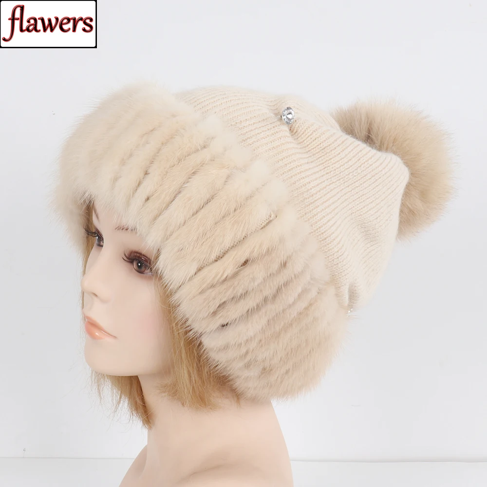 

2024 Hot Sell Outdoor Fashion Lady Genuine Mink Fur Elastic Hat Women Knitted Luxury Mink Fur Beanies Hats Winter Fur Warm Caps