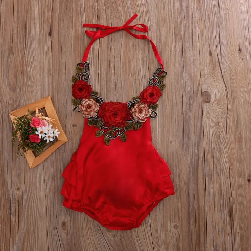 Flower Newborn Infant Baby Girls Romper Jumpsuit Bodysuit One-Piece Clothes 0-3T red Embroidery rose girls dress baby princess