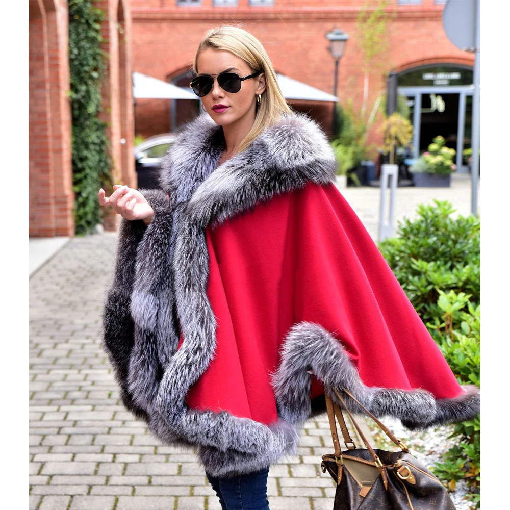 New Red Wool Blends Capes Women Winter Fashion Fur Outwear Female Natural Whole Skin Silver Fox Fur Cashmere Ponchos Real