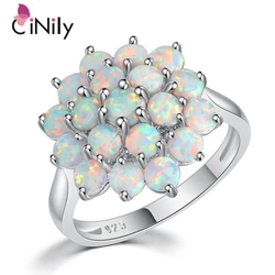 CiNily Luxury White Round Fire Opal Rings 925 Sterling Silver Flower Bloom Plant Big Ring Wedding Party Fashion Jewelry forWomen