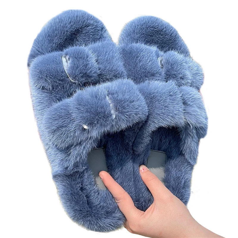 Fur Slippers High Quality European Luxury Resort Fashion 100%Mink Leather Slippers Ladies Fur Shoes Flat Slippers