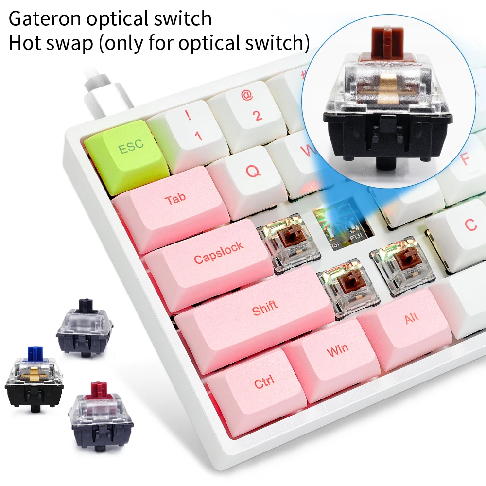 SK61 Gateron Optical red brown Black Blue switch hot swappable Mechanical Keyboard rgb switch rgb led type c Pink White keycap