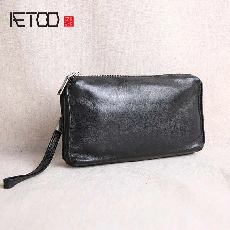 AETOO Men\'s clutch bag handbag men\'s leather large-capacity retro casual first layer cowhide long wallet soft leather mobile pho