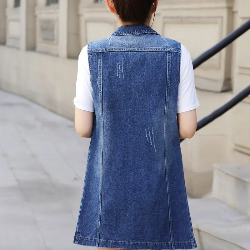 S-6XL Denim Vest Spring Autumn Women Sleeveless Hole Mid-Length Jean Cardigan Coat Fashion Single-Breasted Waistcoat