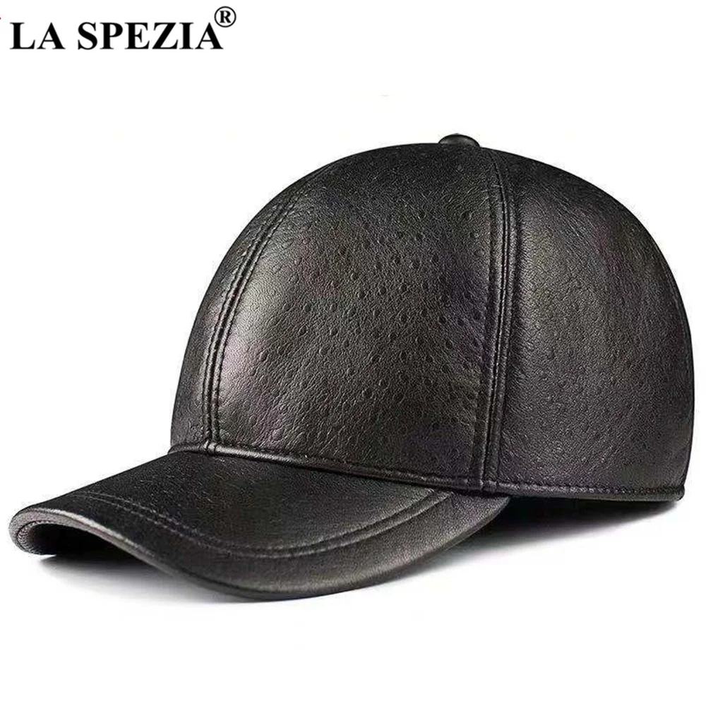 LA SPEZIA Baseball Cap Sheepskin Genuine Leather Hats for Men Brown Black High Quality Real Leather Mens Brand Winter Hat