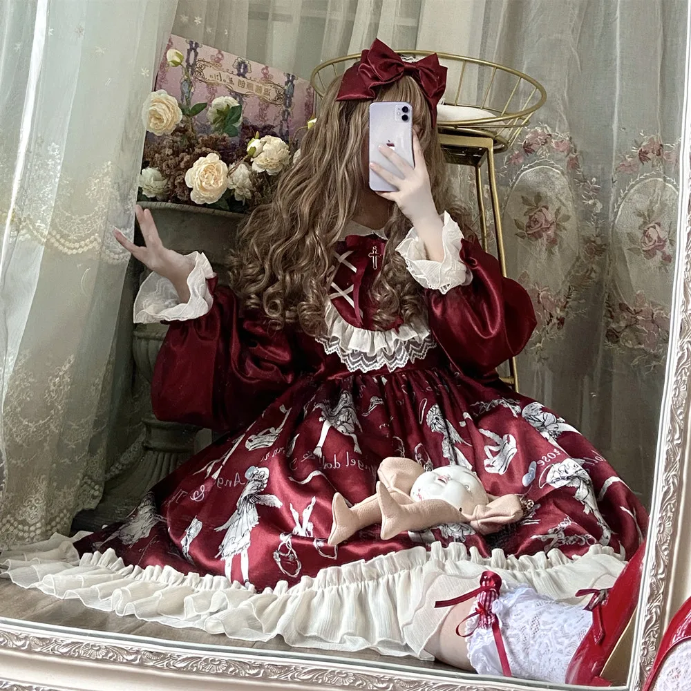 Công Chúa Tiệc Trà Ngọt Lolita Đầm Retro Ren Nơ Mềm Bé Gái Dễ Thương In Victoria Đầm Kawaii Cô Gái Gothic Lolita Op