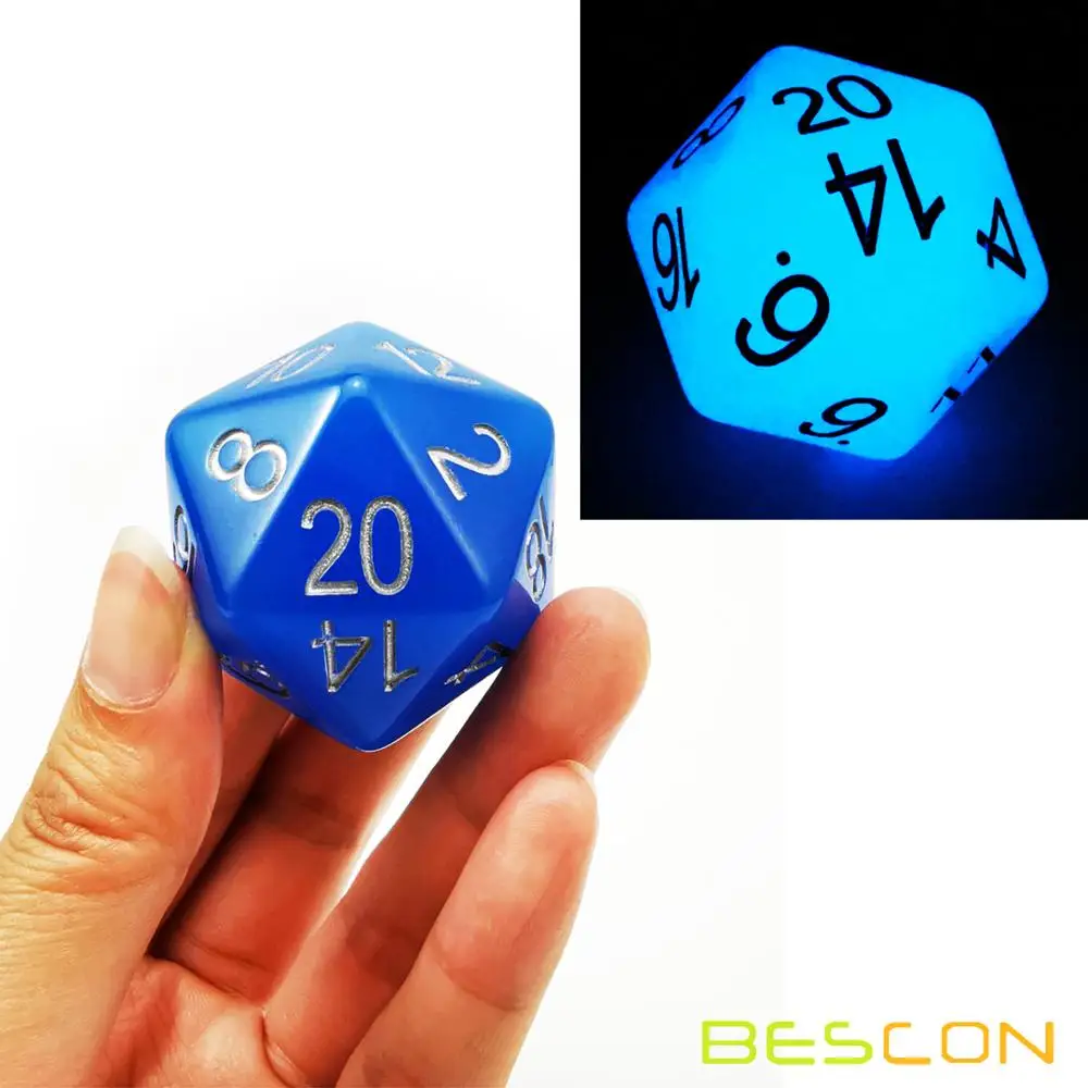 

Bescon Jumbo Glowing D20 38MM, Big Size 20 Sides Dice 1.5 inch, Big 20 Faces Cube in Various Solid, Glitter, Glowing Colors