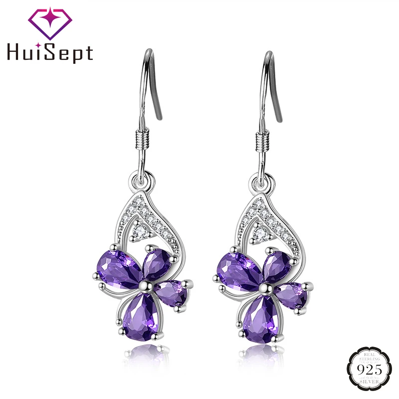 HuiSept Fashion Silver 925 Earrings Jewelry Butterfly Shape Amethyst Zircon Gemstones Ornaments Drop Earrings for Women Wedding