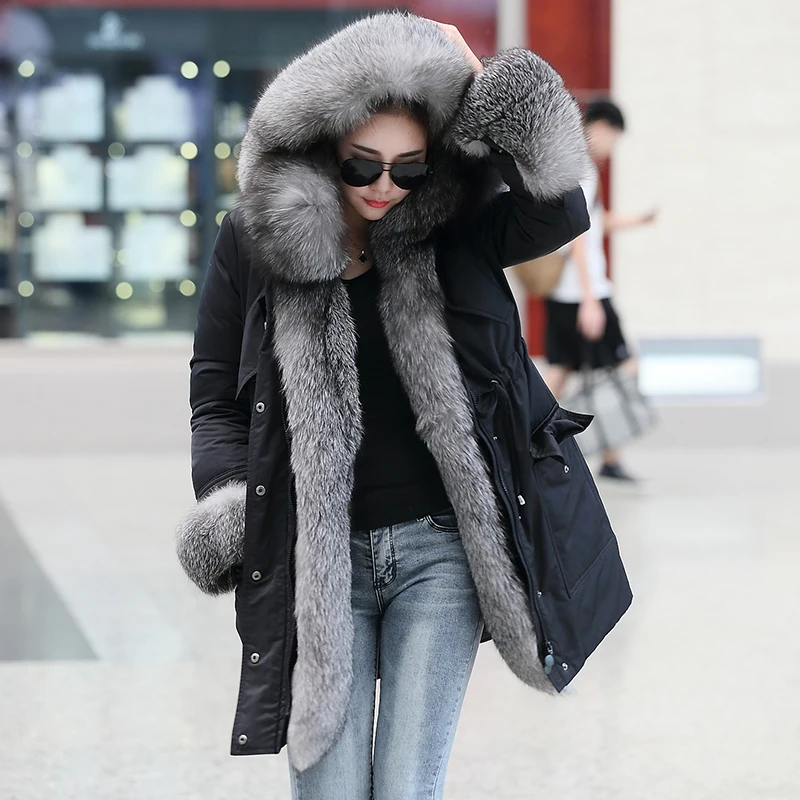 

New style down jacket mid-length thick loose winter fox fur collar hooded jacket European and American cold-proof women's clothi