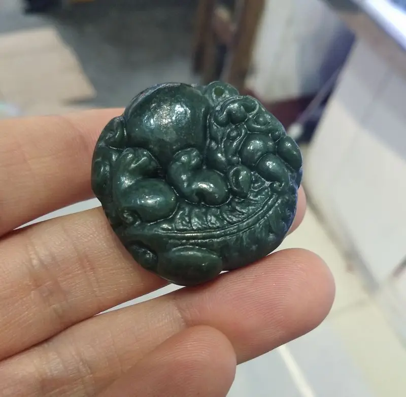 Natural bottle green Jade Amulet Carven Foo Dog Pendant Apotropaion TALISMAN