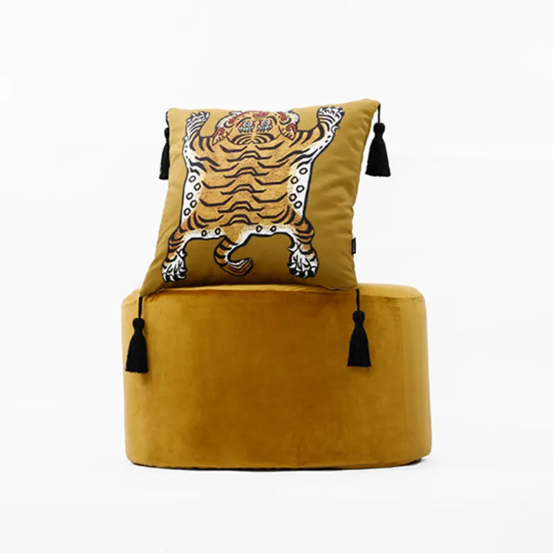 Dunxdeco capa de almofada decorativa quadrada fronha vintage artístico tigre impressão borla macio veludo coussin sofá cadeira cama