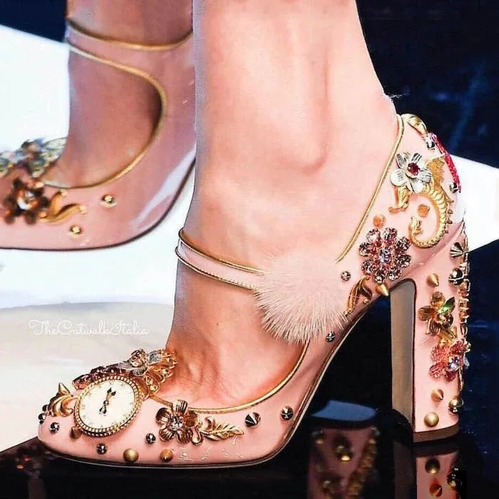 

Luxury Flower Gemstone Jeweled Chunky Heels Pumps Women Mary Janes Watch Decor Pointed Toe Pompon Ball Ankle Buckled Shoes