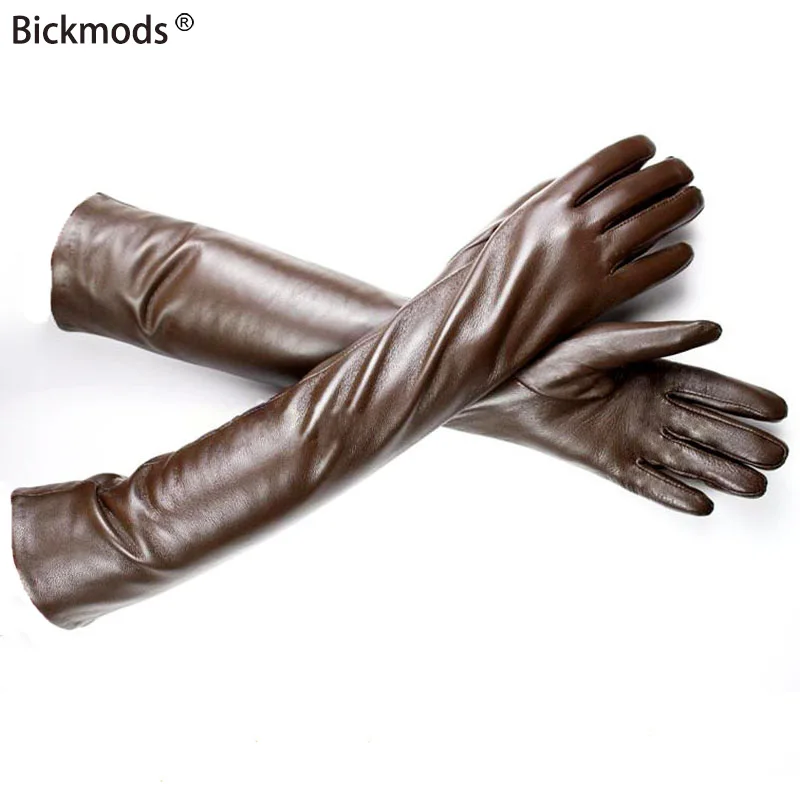 Long Sheepskin Leather Gloves Women\'s Fashion Color Velvet Lining Autumn and Winter Windproof and Warm Finger Gloves