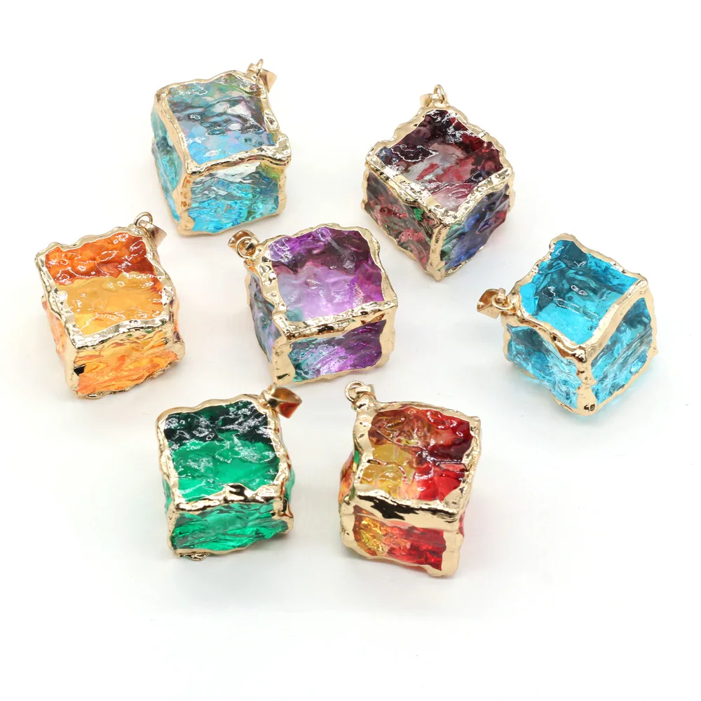 2020 New Natural Crystal Cube Square Pendant Colorful Rainbow Quartz Chakra Rock Charms for DIY Necklace Jewelry Making Gift