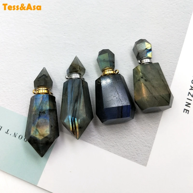 

3pcs Natural Gems Bottle pendant Labradorite Perfume Women Crystal Bottle Essential Oils Diffuser Shiny Gems Charm For Necklace