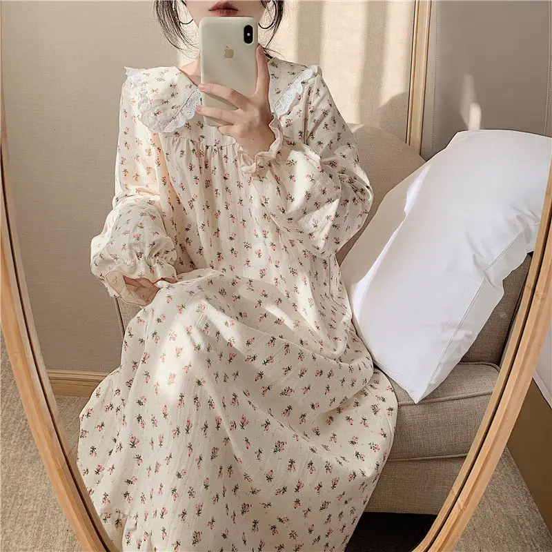 Nightgowns Women Spring Floral Students Sweet Turn Down Collar Stylish Home Soft Breathable Vintage New Arrival Aesthetic Chic