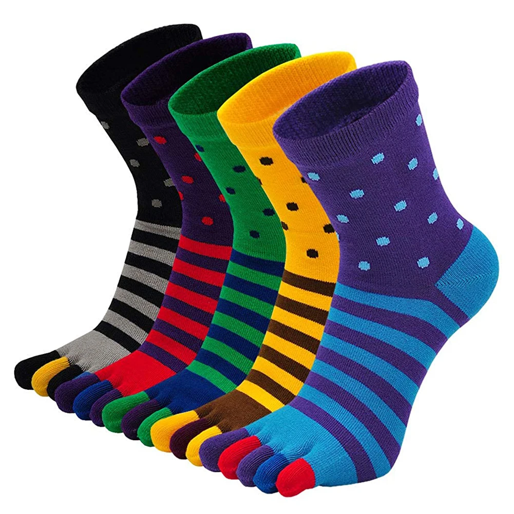 Men Five Finger Socks Breathable Comfortable Shaping Anti Friction Pure Cotton Dot Striped Sports Running Crew Socks With Toes