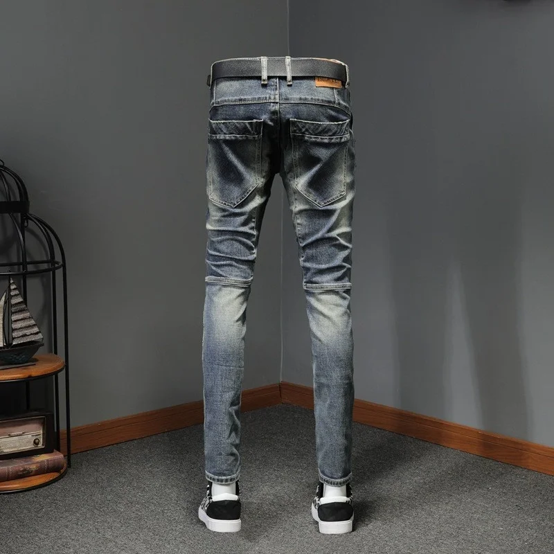 

Quality High Vintage Mens Jeans Zipper Denim Pencil Pants Male Slim Fit Motor Biker Pants Cowboy Casual Long Trousers Jeans 36