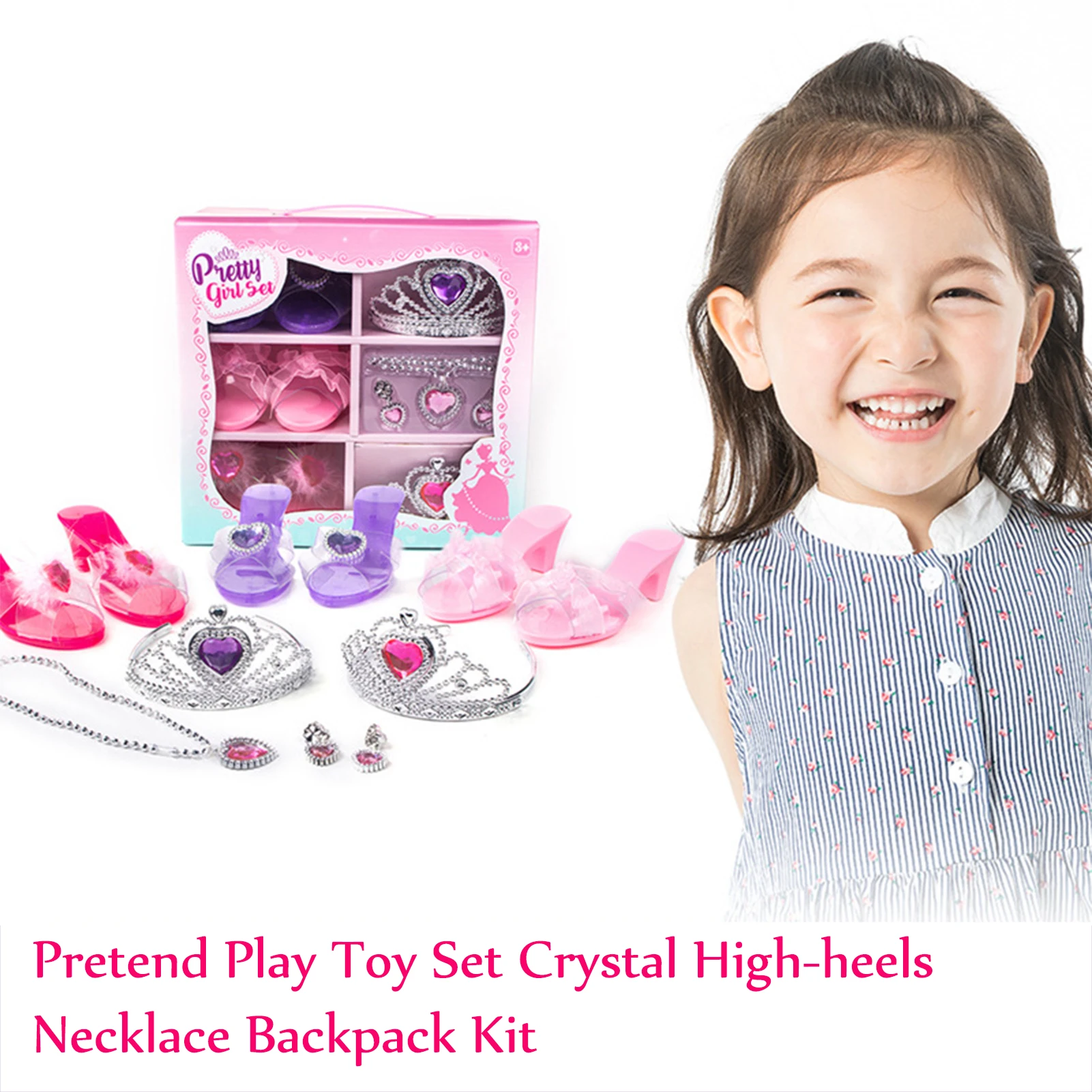 Princess Crowns Hairband Headdress Girls Pretend Play Toy Set Crystal High-heels Necklace Backpack Kit Girls Kids Dress Up