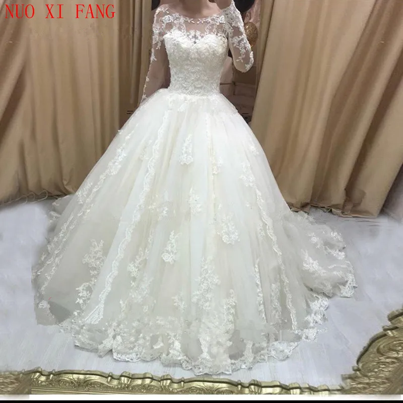 Abito da sposa Vintage in pizzo Applique abito da sposa maniche lunghe abiti da sposa Sweep Train robe de mariee 2023 Vestido de Novia