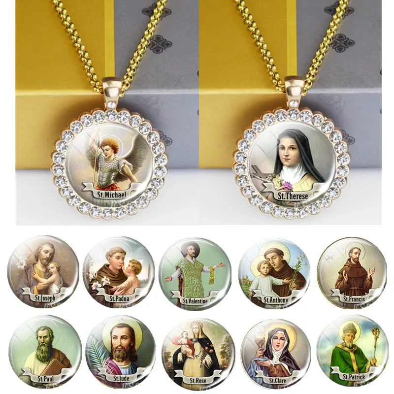 Christian 12 Saint Jewelry St Therese St. Michael Glass Cabochon Necklace St Anthony Necklaces for Christians Gift