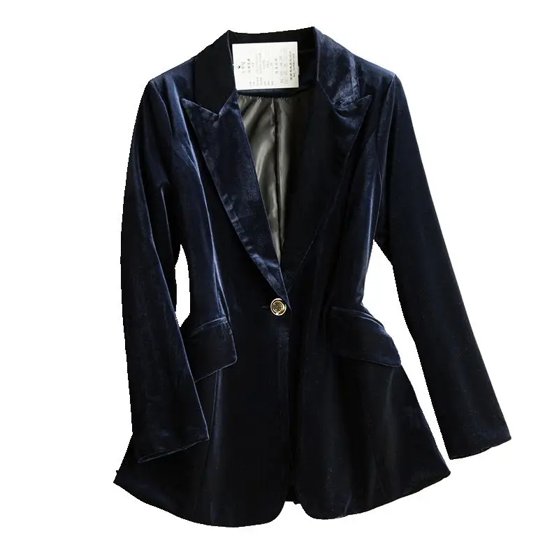 Velvet Blazer Jacket Women High Quality Single Button Pocket Fashion Suit Jacket Autumn 2021 New Lady Loose Formal Blazers Coat