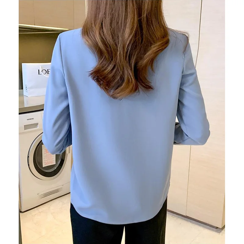 Vrouwen Solid Basic Chiffon Shirts 2022 Lente Herfst Nieuwe Commuter Werkkleding Lange Mouwen Revers Blouse Vrouwelijke Kleding 3XL