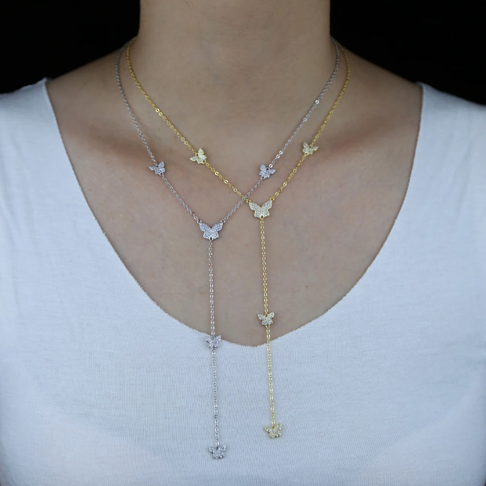 micro pave cz cute lovely butterfly charm sexy women necklace long Y lariat chain for girl lover jewelry