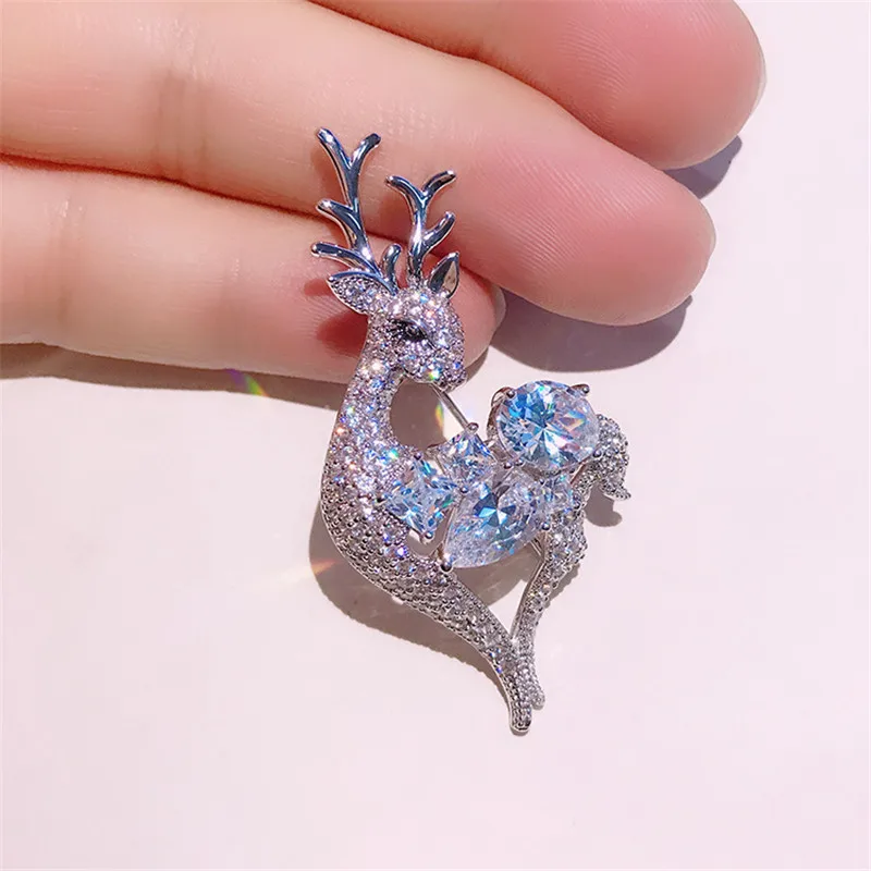 3A Cubic Zirconia Deer Brooch Pin Luxury Crystal Elk Brooches for Women Men Suit Christmas Pin Accessories Jewelry Animal Broach