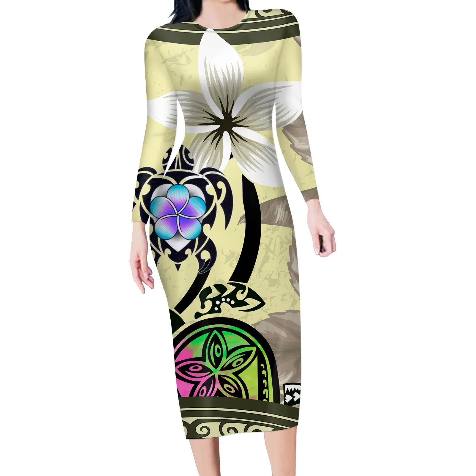 HYCOOL Hawaii Floral Tribal Sexy Dress For Women Long Sleeve Bodycon Causal Dresses Stylish High Waist Hip Dress Vintage