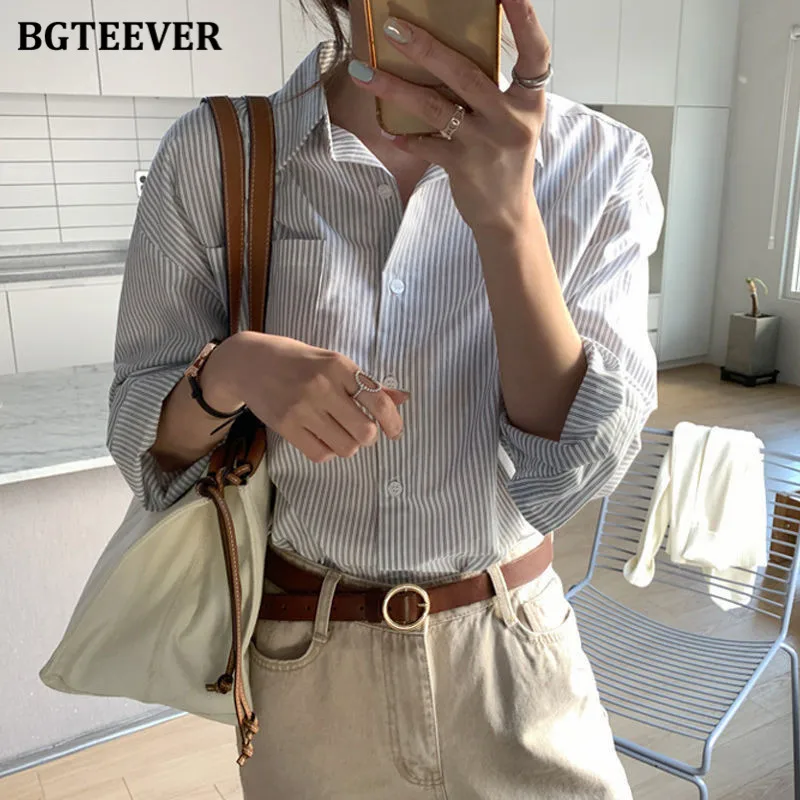 BGTEEVER Vintage Ladies Striped Women Blouses Turn-down Collar  Long Sleeve Loose Female Shirts Casual Tops Femme 2021 Spring