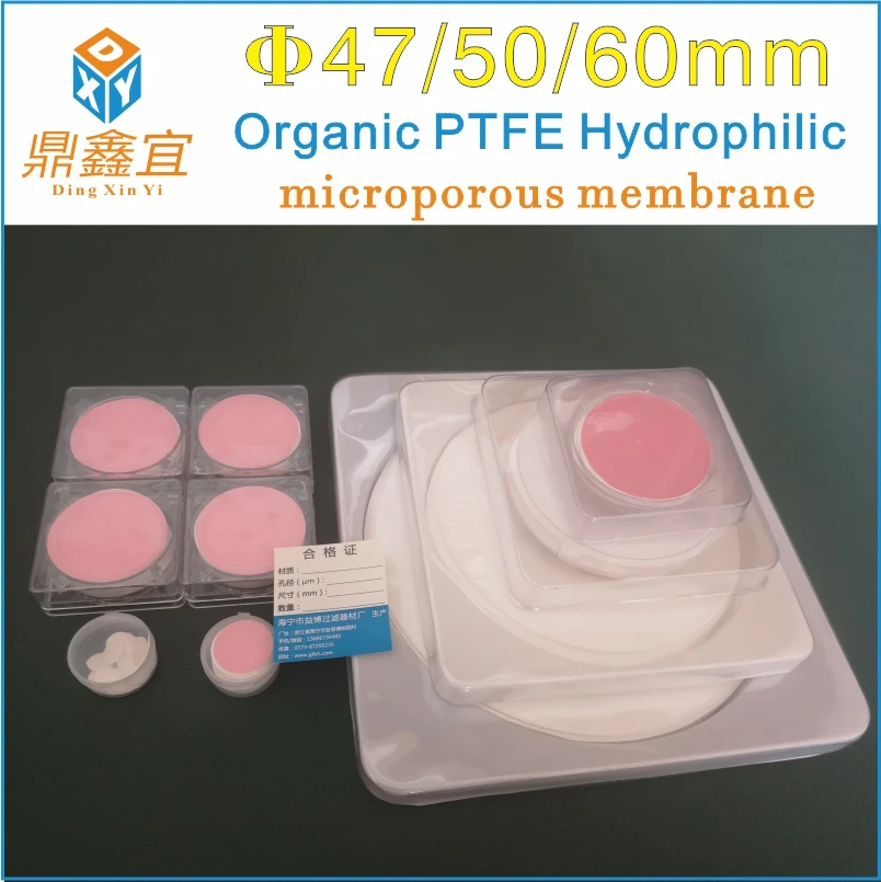 50 ks /lot ekologické PTFE hydrophilic 47MM/50MM/60MM PTFE microporous blána vícenásobné otvor volitelné  0.1/0.22/0.45/1/5 ehm