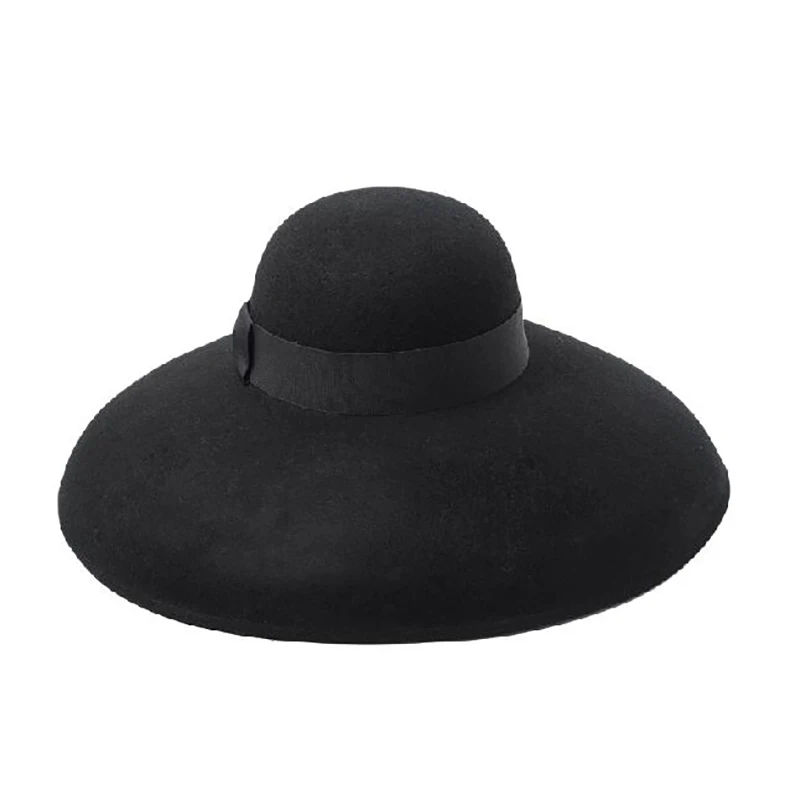 Vintage Luxury Catwalk Black Pure Wool Felt Floppy Hat Wide Brim Women Winter Fedora Cloche Bowler Hat Wedding Party Church Hat