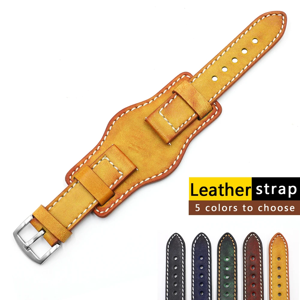 Leather Bund Strap Men\'s Watch Band 20mm 22mm 24mm Cowhide Cuff Watch Bracelet Yellow Blue Black Green Red Color Watch Strap