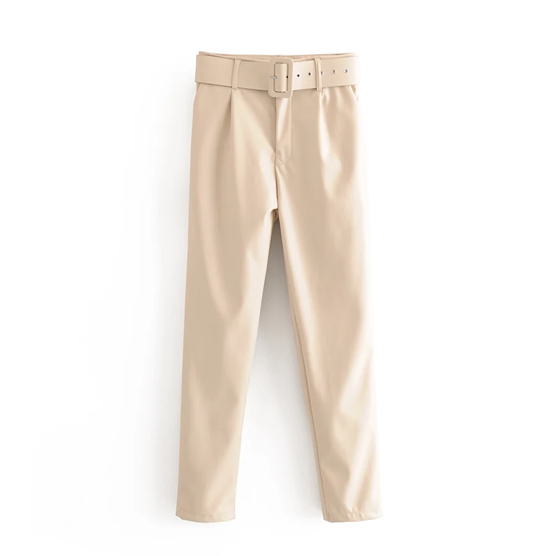 Donne Chic Nero Dell'unità di Elaborazione Del Faux Pantaloni di Pelle di Modo di Vita Alta Tasche Signore Ufficio Pantaloni con La Cinghia Casual Pantaloni a Pieghe Gonne E Pantaloni