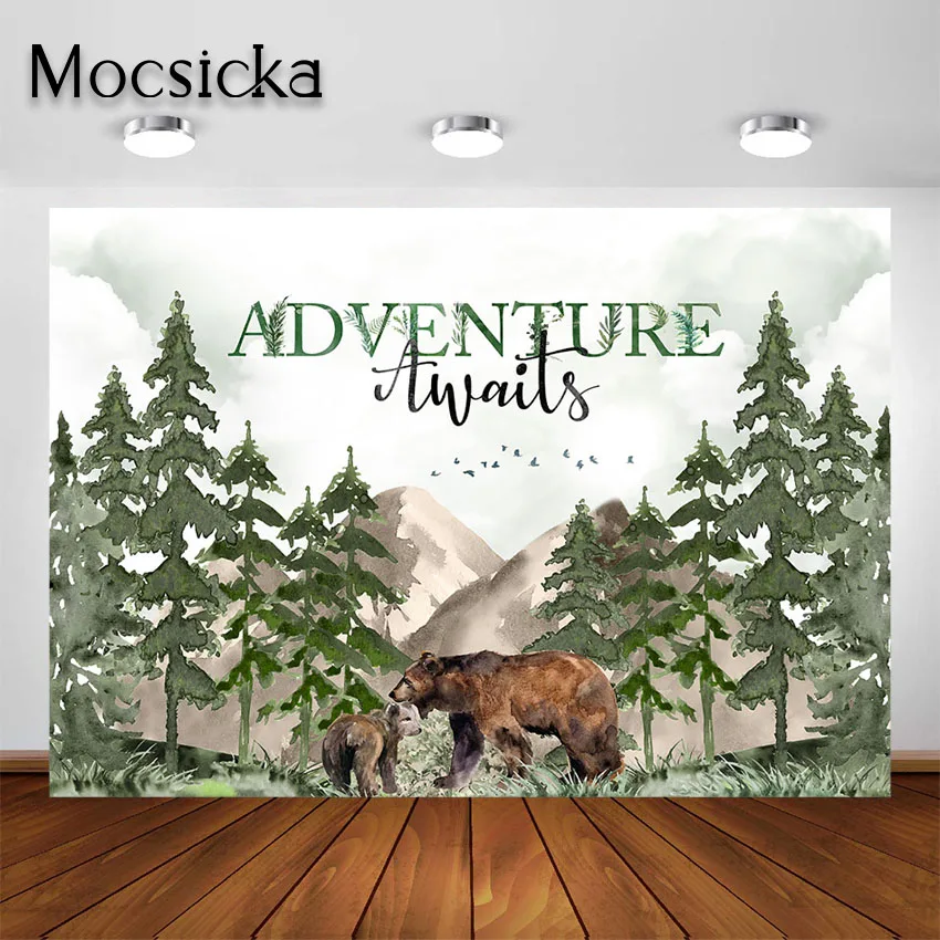 Mocsicka Adventure Awaits Baby Shower Backdrop Mountain Wilderness Woodland Bear Party Decorations Photo Background Photoshoot