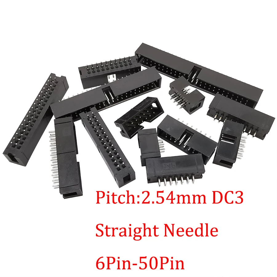 10Pcs DC3 2.54mm Pitch 6/8/10/14/16/20/26/30/34/40/50Pin Male Socket Straight IDC Box Headers PCB Connector Double Row Pinheader