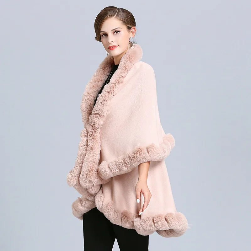 Fashion Full Handcraft Trim Rabbit Fur Coat Cape Women Double Layer Knit Cardigan Faux Fur Shawl Cloak Fall Winter Wraps Warm