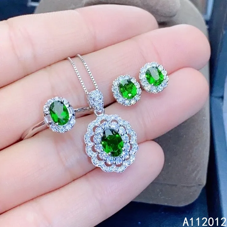 

KJJEAXCMY fine Jewelry 925 sterling silver inlaid natural Diopside noble pendant ring earring set Girl Party Birthday Gift New Y